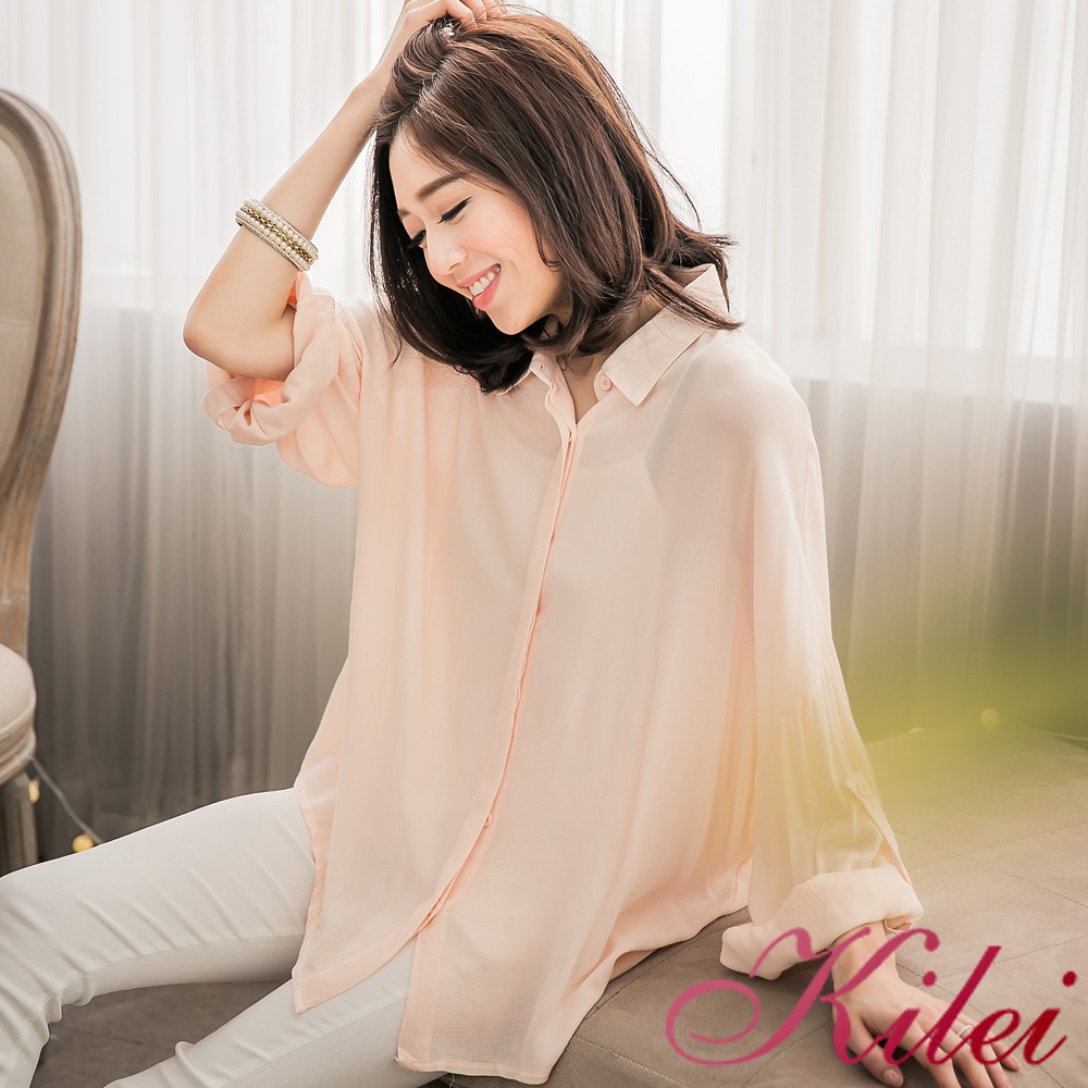 【Kilei】大尺碼女裝 長袖寬鬆襯衫 女襯衫 女上衣 純色素面 反摺素面寬袖襯衫上衣XA2751(清新桔粉)大尺碼