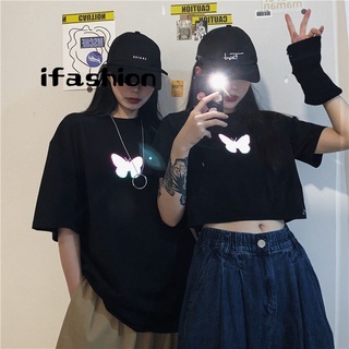 ifashion』黑色短袖t恤女 學生 反光蝴蝶 韓版 寬松 閨蜜裝 ins 風 短袖上衣 女生衣服