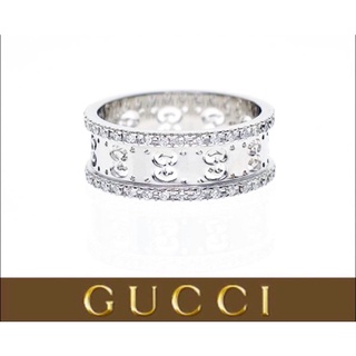 義大利專櫃精品名牌真品 GUCCI 古馳 18白Ｋ金 原廠原鑲鑽石戒指 華麗台戒環 72顆小鑽 750k