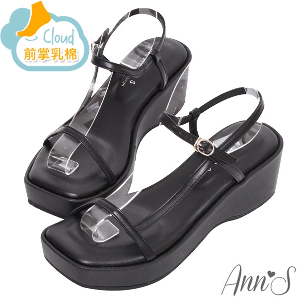 Ann’S美圖厚底系列-一字斜細帶方頭涼鞋-6cm-黑