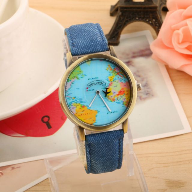 🎼韓風地球錶🎼韓國牛仔布復古手錶 飛機世界地圖學生休閒青銅帆布錶帶 男生手錶 女生手錶 男女對錶