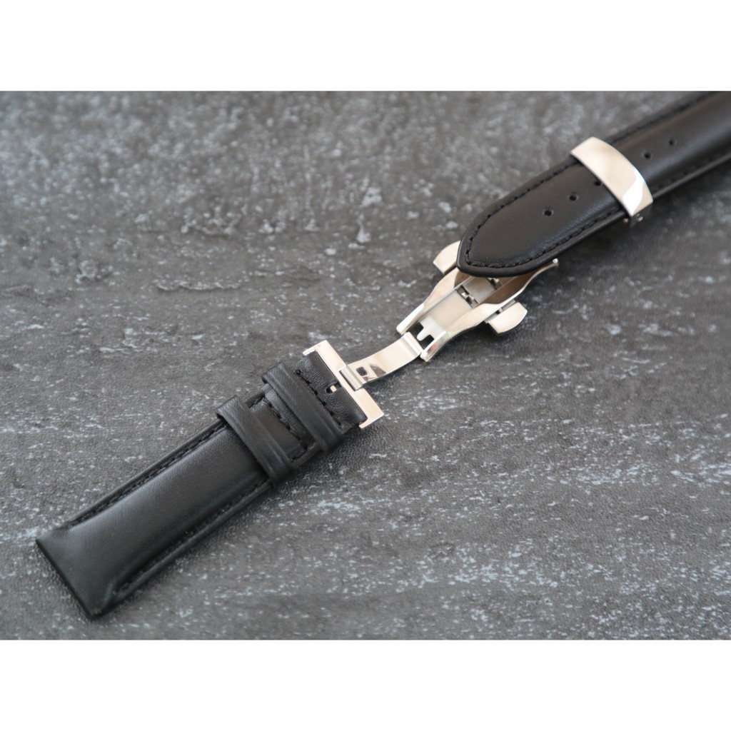 22mm高質感加厚版義大利進口皮料 黑色可替代seiko.原廠錶帶,平面牛皮錶帶,雙按式不鏽鋼蝴蝶扣