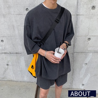【ABOUT_歐巴】仿舊水洗感下開岔短袖T恤 韓 短袖上衣 寬鬆上衣 休閒上衣 街頭 有型 隨興 夏 男