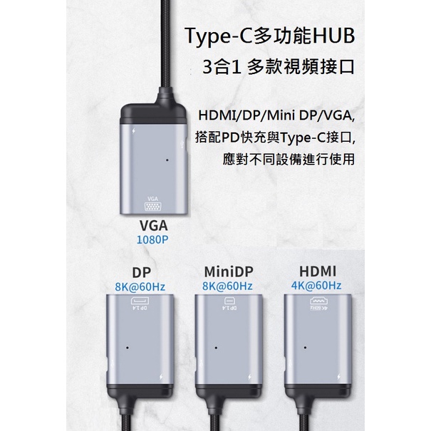 (三合一) Type-C（公頭）轉視頻接口 HDMI / VGA / DP / Mini DP 多功能 HUB