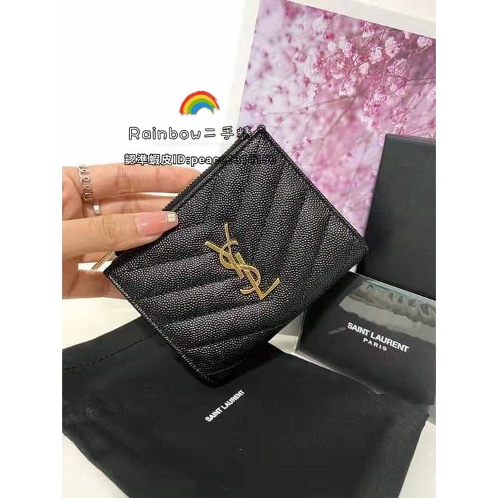 Rainbow 二手精品 YSL Monogram 金標Logo 粒面壓花 雙折短款卡包錢包 575879 女款 黑色