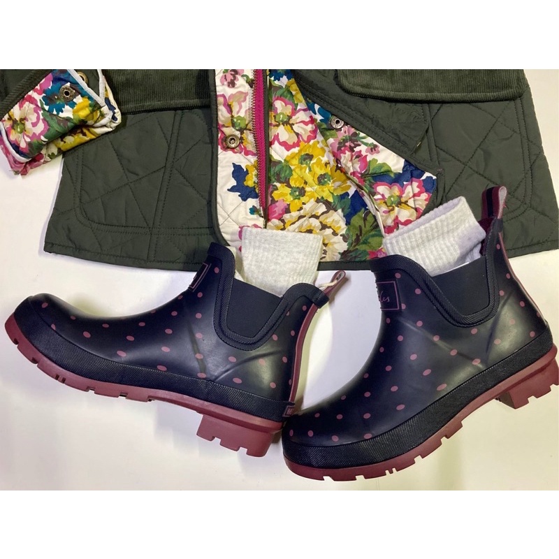 Miolla 英國品牌Joules 深藍底色紫紅小點點短筒雨鞋/雨靴
