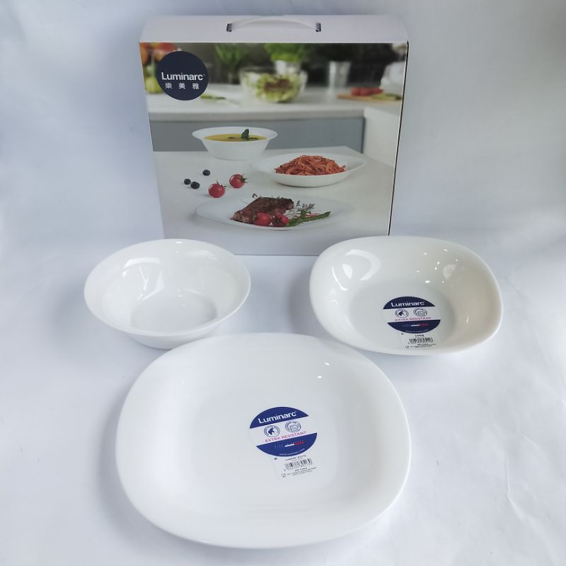 法國樂美雅Luminarc 強化玻璃純白色餐碗盤大中小三入組 2022宇隆股東會紀念品 玻璃餐具 高級餐盤 素色餐盤