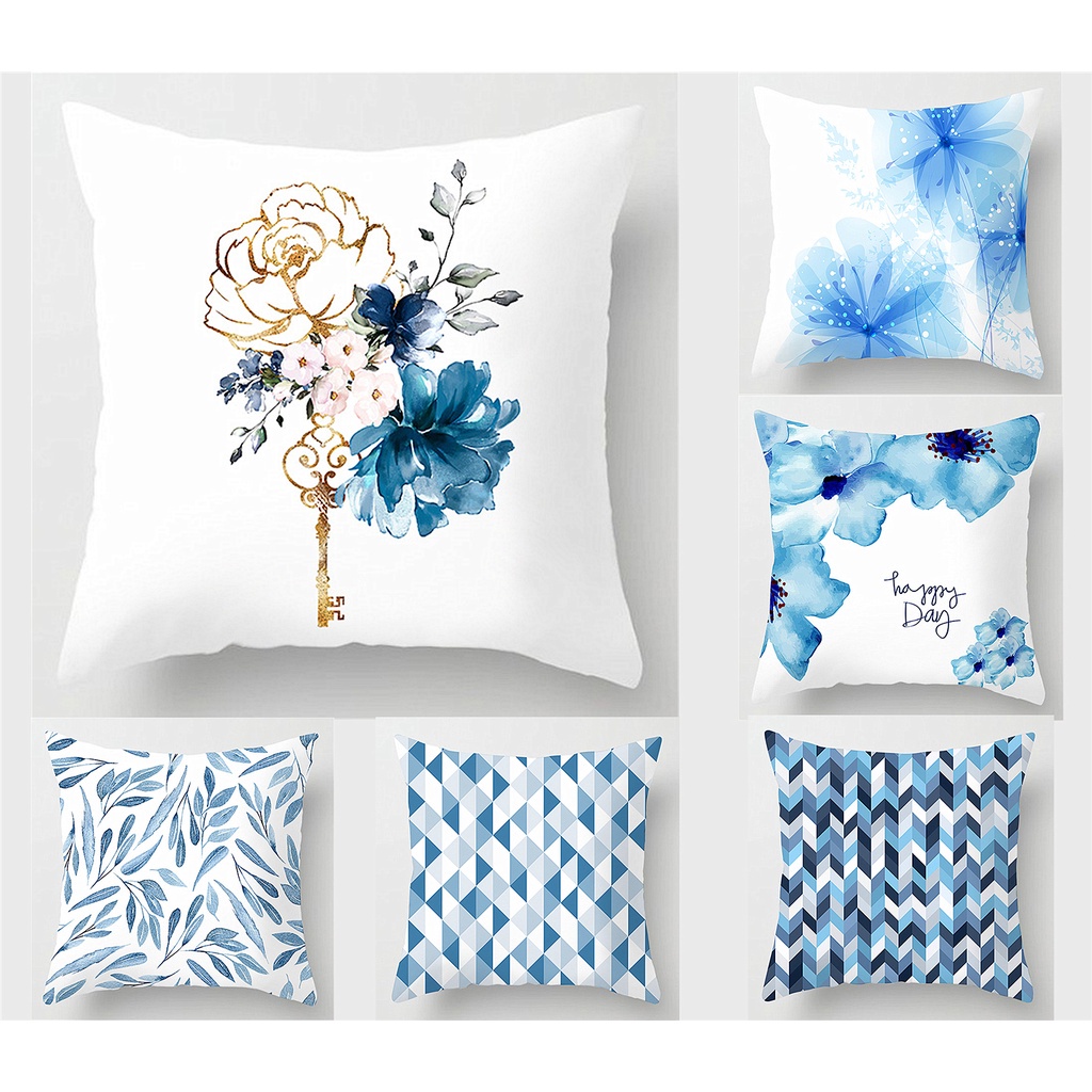 民宿裝飾 床上用品 藍色花朵葉子抱枕套40x40,45x45,50x50,60x60,家居裝飾沙發床頭靠墊套.