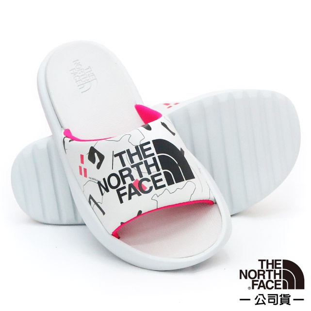 【美國The North Face】女款Triarch Slides輕量便利LOGO拖鞋/5JCB-677白印花/亮珊瑚