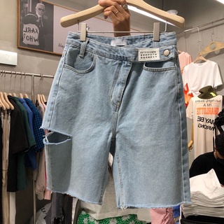 💕甜心大尺碼💕M-5XL 大尺碼短褲 大碼韓版新款寬松高腰直筒設計感破洞五分牛仔短褲