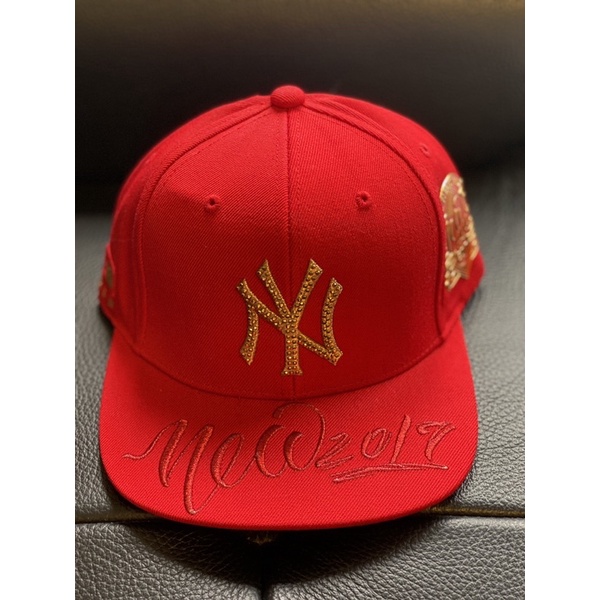 MLB KOREA 韓國 全新正品 可調整式硬頂棒球帽 紐約洋基隊 亮片刺繡款 紅色