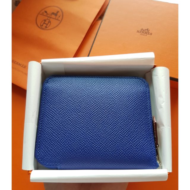 全新現貨-新配色7T電光藍電子藍-Hermes silk in epsom絲巾短夾零錢包卡夾-附2月購證-愛馬仕最美的藍
