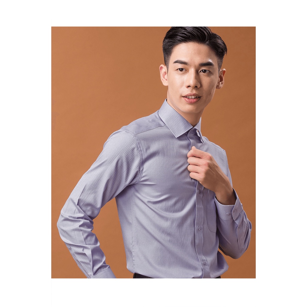 【羅德貝爾】紫色千鳥格長袖修身襯衫 / 舒適透氣