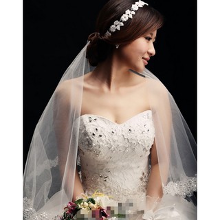 yz shop 臺灣寄出韓式蕾絲花邊白色亮片頭紗配件 新娘結婚婚紗禮服頭紗