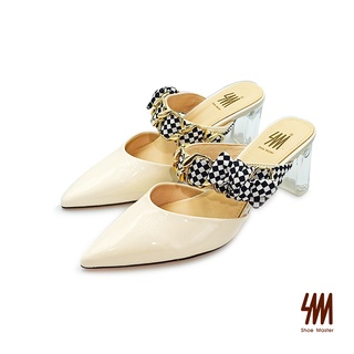 SM專櫃女鞋 漆皮尖頭格紋蝴蝶結鎖鏈穆勒拖鞋(白色)