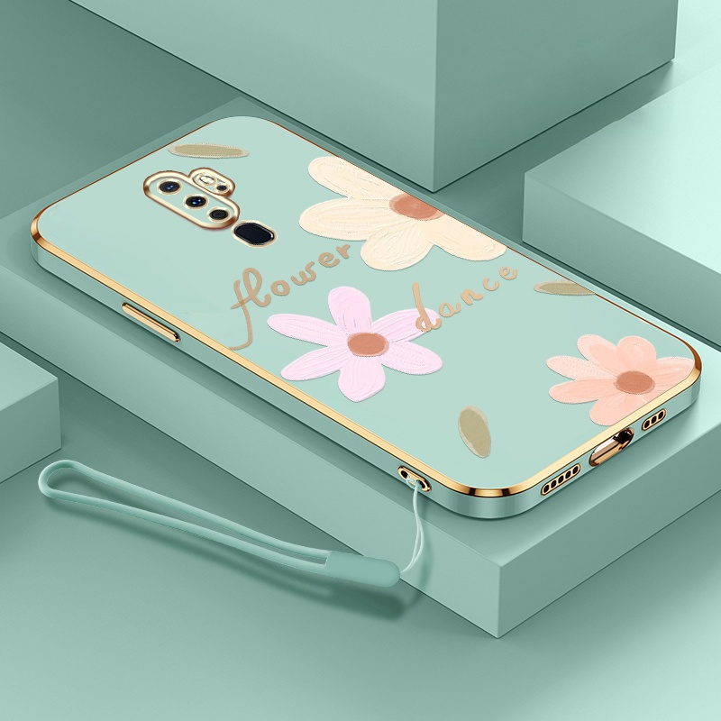 Oppo A9 2020 A5 2020 新款設計方形手機殼軟鍍殼保護套帶免費掛繩的花卉風格外殼