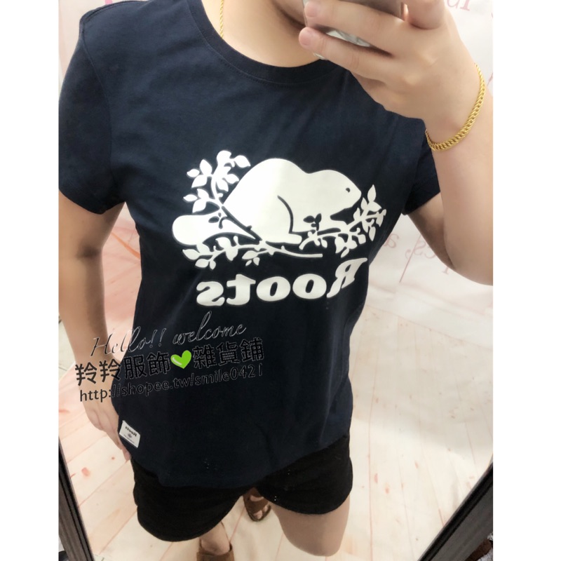 情侶款Roots深藍色植絨logo（男生、女生）短袖T恤
