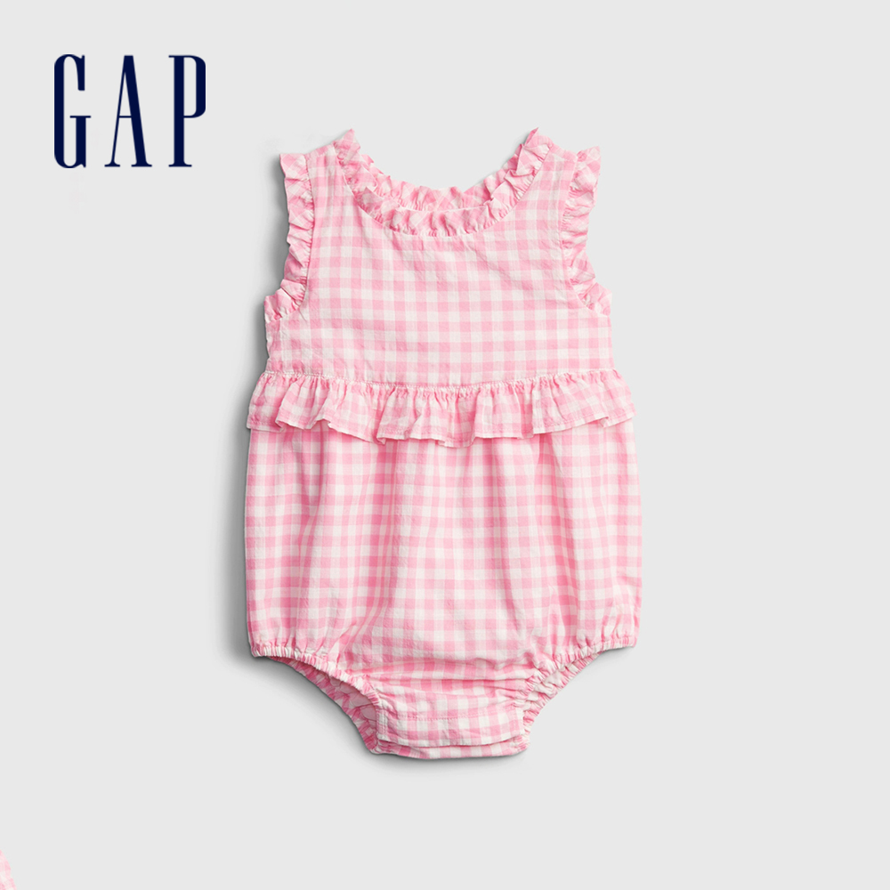 Gap 嬰兒裝 可愛格紋花邊包屁衣-粉色(681805)