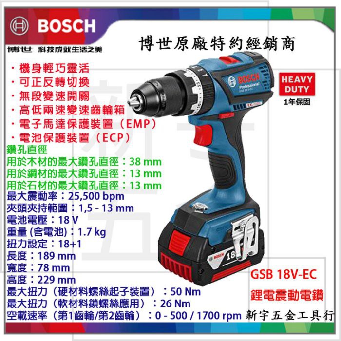 附發票【新宇電動五金行】德國 BOSCH 博世 GSB 18V-EC 單主機 無刷 4分充電震動電鑽 調扭起子機！(特價