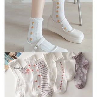 未語。甜美刺繡小花可愛中筒襪T0100日系可愛泡泡襪中筒襪子
