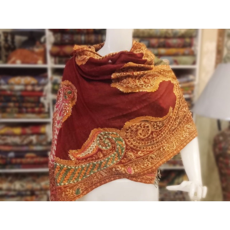 印度喀什米爾 100%水煮羊毛 吉祥橘橙色系 純手工刺繡圍巾披肩 Cashmere Pashmina