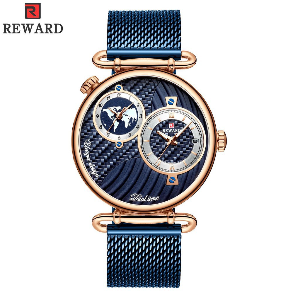 REWARD62002跨境手錶 多時區雙機芯超薄防水商務鋼帶 男士表