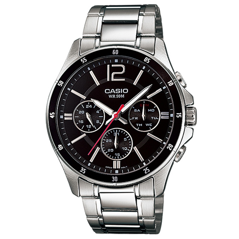 【CASIO】卡西歐不鏽鋼三眼手錶 MTP-1374D-1A 防水50米 台灣卡西歐保固一年