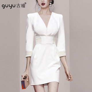 合身白色高腰顯胸洋裝 S-XL V領七分袖短版連衣裙 宴會小禮服