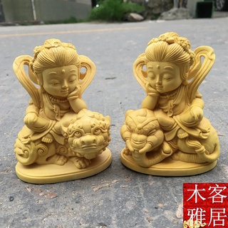 黃楊木崖柏文殊普賢菩薩華嚴三聖居家供奉佛像生肖守護神木車擺件
