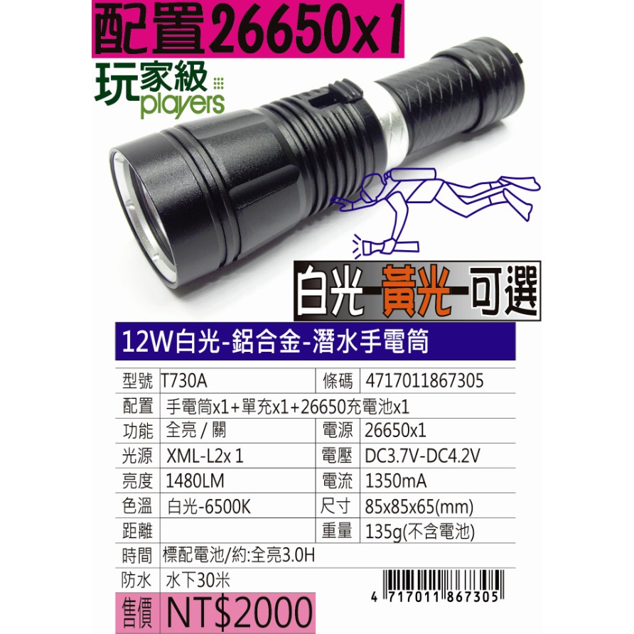 潛水手電筒-超強光潛水手電筒-CREE XML-L2-手電筒+充電器+充電鋰電池-T730A-玩家級