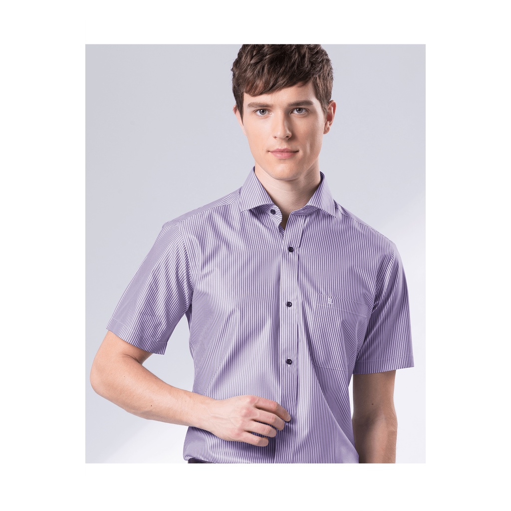 【羅德貝爾】紫白條紋短袖修身襯衫 / 抗皺 吸濕排汗