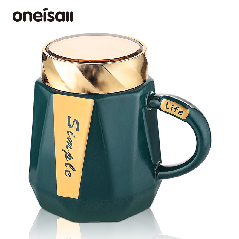 Oneisall 陶瓷咖啡杯帶蓋情侶杯大容量家用和辦公室 500ML