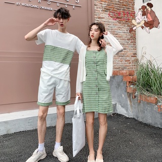 【COUPLE】💚綠色💚情侶裝夏裝2022新款小清新格子顯瘦女連衣裙短袖男T恤套裝