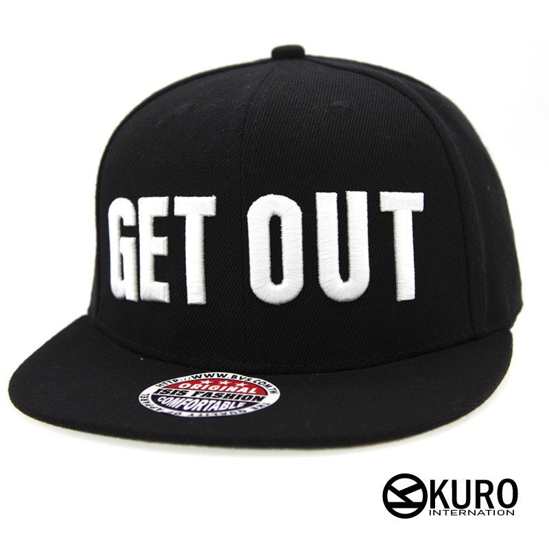 KURO-SHOP潮流新風格-黑色、黑色帽沿 GET OUT 電繡 棒球帽 板帽