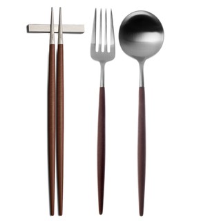 【Cutipol】GOA系列-棕柄霧面不銹鋼-主餐新三件組(主餐叉匙+筷組) 葡萄牙手工餐具