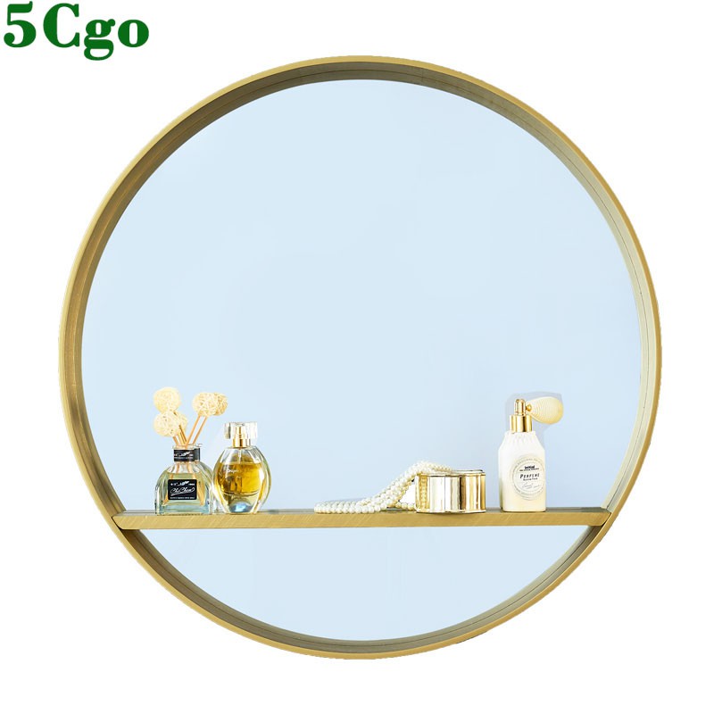 5Cgo【宅神】北歐實木黃銅色浴室鏡帶置物架衛生間鏡子圓形洗手間梳妝臺化妝鏡壁掛鏡t571671821837