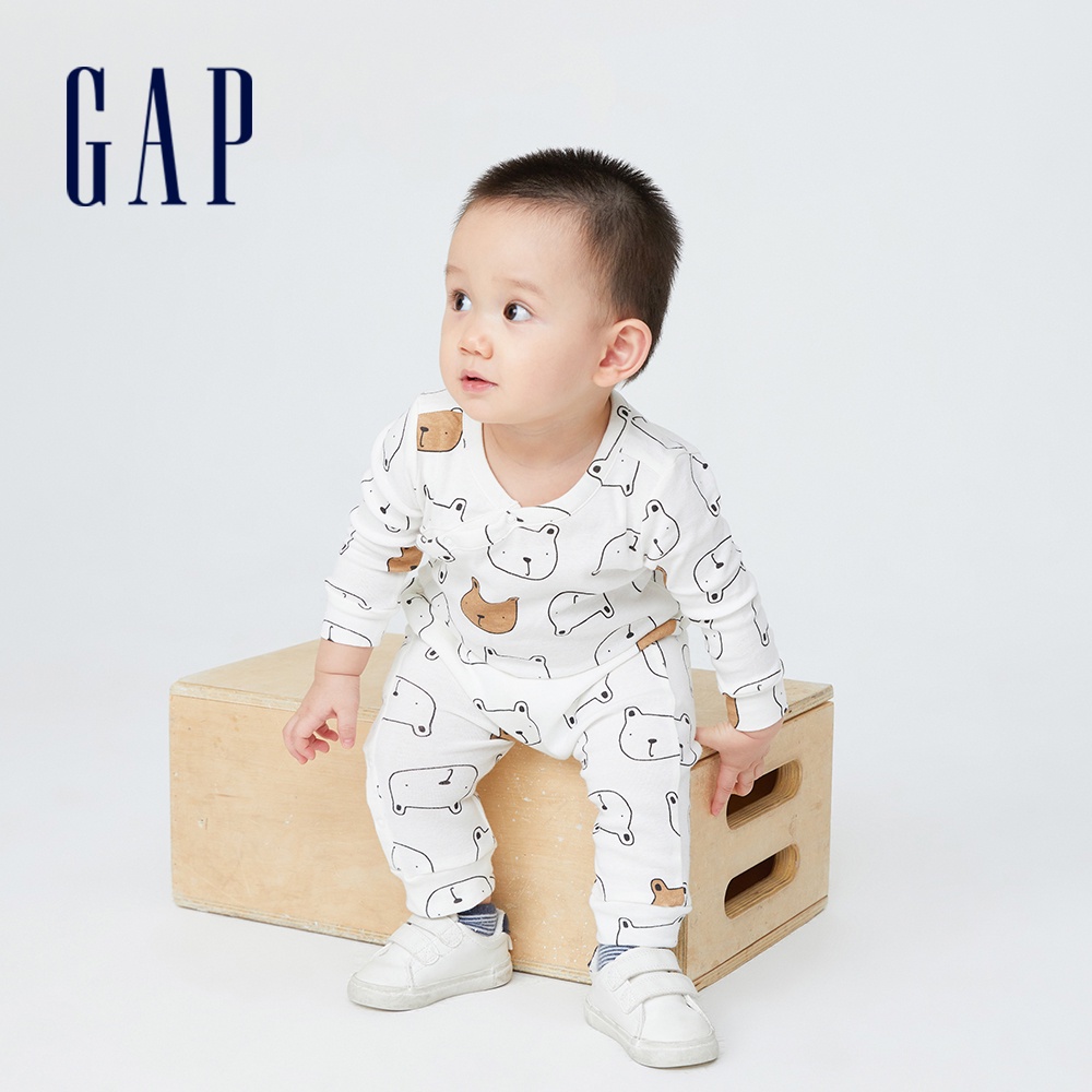 Gap 嬰兒裝 純棉印花長袖包屁衣/連身衣-白底小熊(455837)