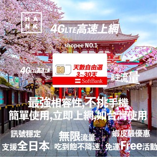 日本最強網卡 原生流量softbank SIM卡 4G網路上網 全程不降速 吃到飽 5天8天15天 電話卡 日本sim