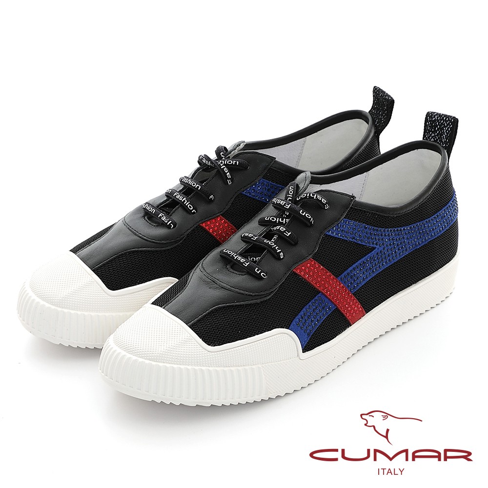 【CUMAR】真皮拼接異材質簡約線條鑽飾休閒鞋-黑色