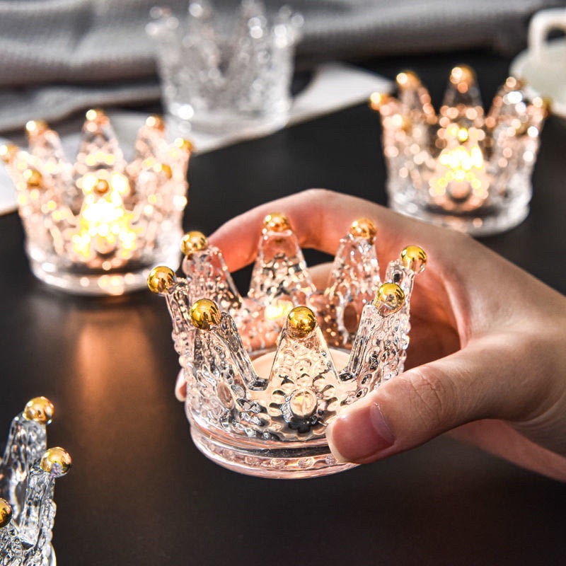 【光之捕夢網】蠟燭台 皇冠蠟燭杯項鍊戒指收納碟 玻璃浮雕燭台 皇冠描金小擺件玻璃蠟燭台 水晶碗