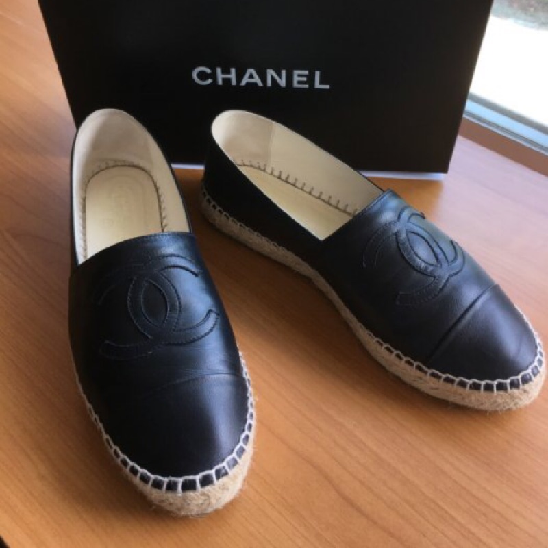 真品Chanel Espadrilles 深藍黑(近黑色)鉛筆鞋 39號