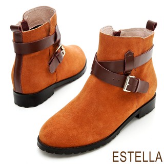 ESTELLA-全真皮釦環交叉皮帶短靴-駝