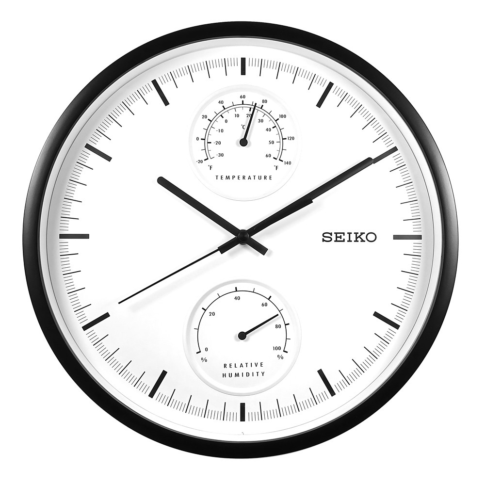 SEIKO 精工 / 31cm 兩眼造型 溫度溼度 滑動式秒針 靜音掛鐘-白x黑框 ＃QXA525K/SK048