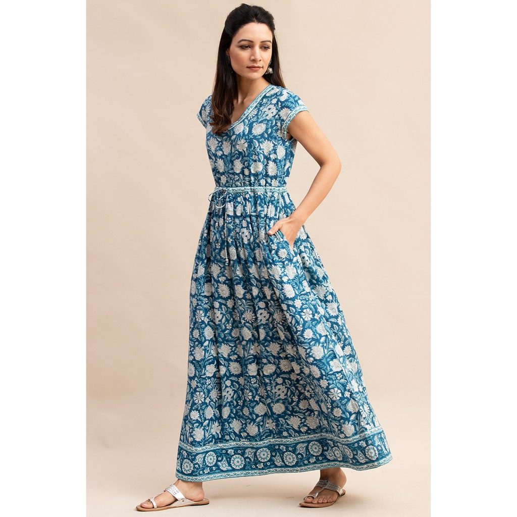 【Lakshmi 各國好物 印度】印度精品 藍色&amp;白色 高腰綁帶洋裝