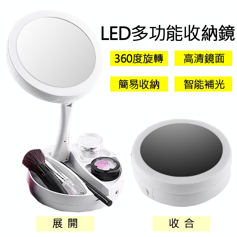 LED雙面化妝鏡 梳妝台鏡 化妝鏡 雙面鏡 10倍放大 摺疊 收納 置物 檯燈 美拍燈