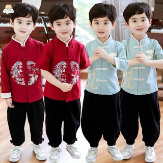 男童潮流套裝 男童套裝 男童漢服兒童夏裝套裝唐裝兩件套古裝小學生兒童表演服中國風刺繡