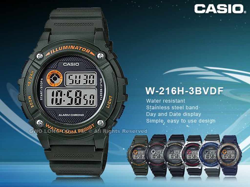 CASIO  W-216H-3B 男錶 數字電子錶 樹脂錶帶 秒錶 全自動日曆 全新 W-216H 國隆手錶專賣店