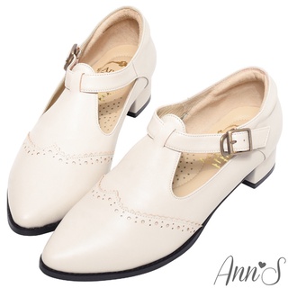 Ann’S復古80年代-頂級全真皮T字扣帶雕花牛津鞋3cm-米白