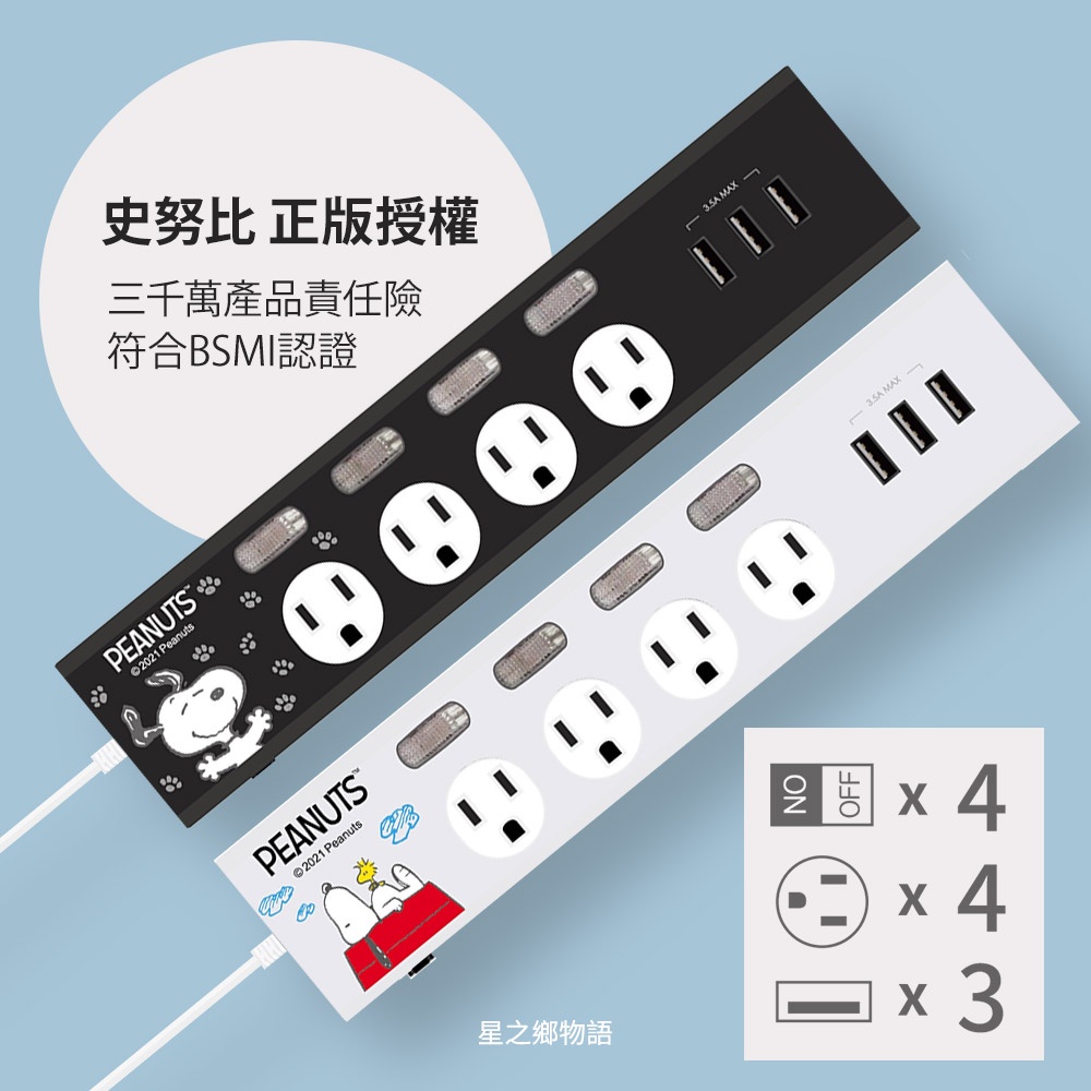👍在台現貨，極速發貨👍Snoopy 史努比／拉拉熊 電源延長線 四開四插 3孔USB (1.8M) 正版授權 台灣商品檢