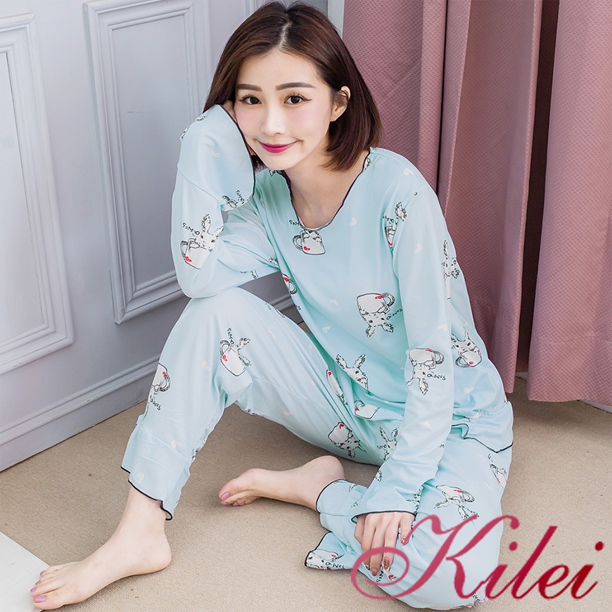 【Kilei】荷葉飄袖愛心杯子兔牛奶絲長袖二件式睡衣組XA4277(淺淺藍綠)全尺碼